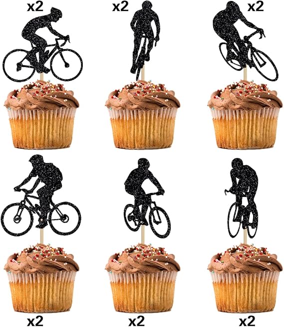 12 PCS Bicycle Cupcake Toppers Glitter bicycle Themed Cupcake Toppers sport Theme Birthday Party Cake Decorations Supplies