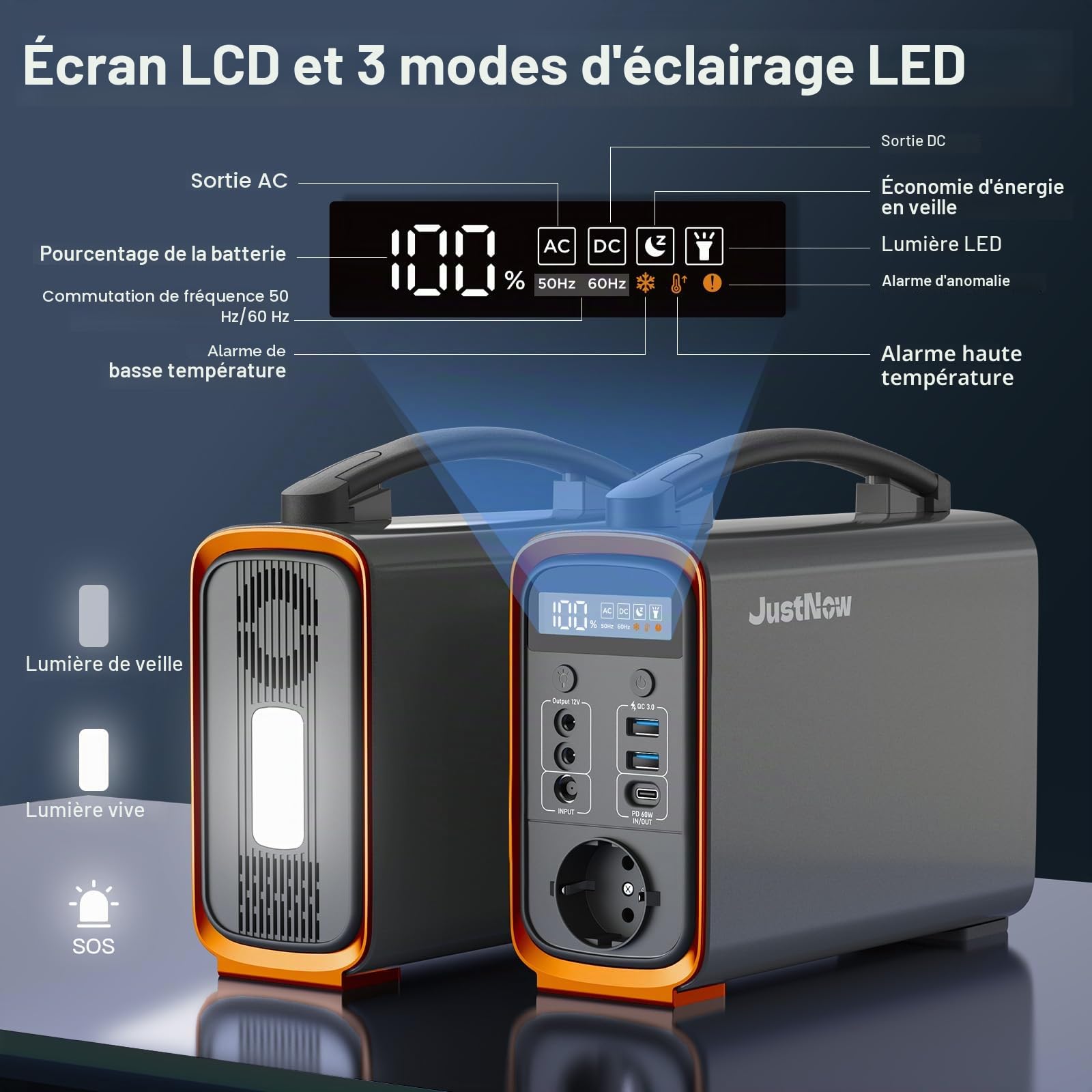 JustNow Station d'alimentation portable 240 W/240 Wh, batterie LiFePo4 avec sortie AC/DC/USB/PD 60 W, générateur solaire pour camping, extérieur, camping-car (GT240)