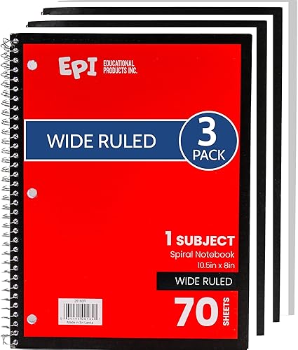 Miniatura 8 de EPI Cuaderno de espiral, 1 materia, papel a rayas anchas, 70 hojas, 10.5 x 8 pulgadas, cubierta roja, paquete de 48