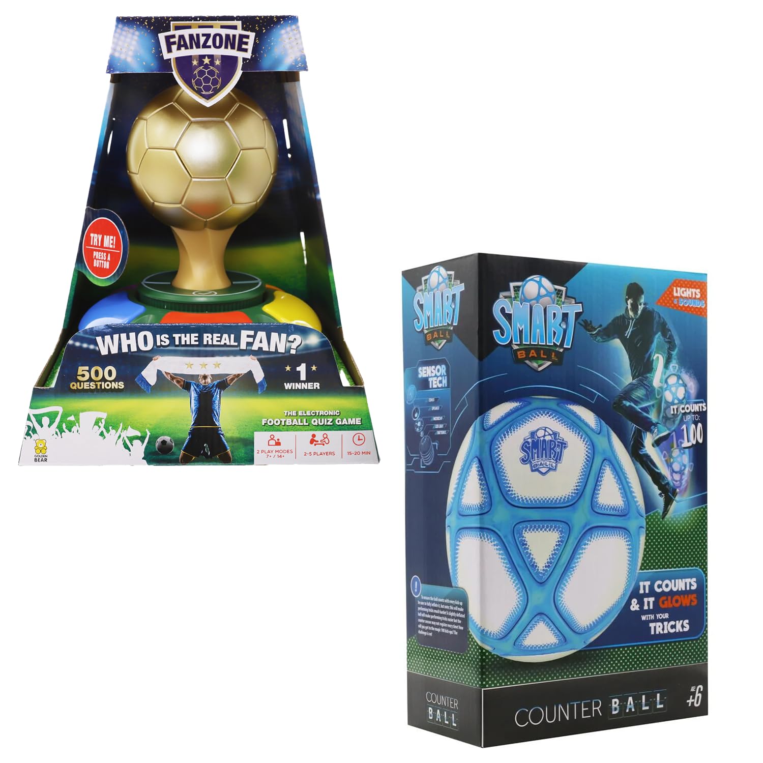 Fanzone Jeu de football et compteur de balle intelligent Pack duo sur le thème du football avec jeu de quiz rapide et football qui compte les uppies Keepy pour les fans de football. Préparez-vous pour