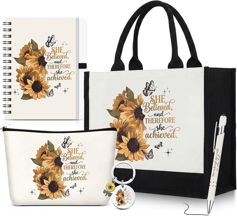 Conjunto Gaillty com 5 peças: bolsa tote, nécessaire, caderno, caneta e chaveiro floral