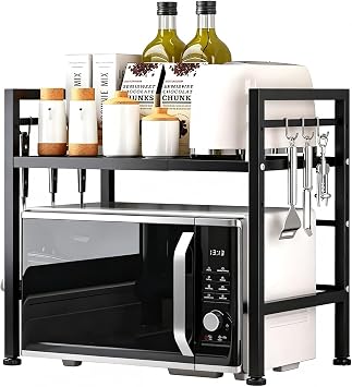 Multibao Expandable Microwave Rack Shelf, 2 Tier Oven Rack Stand Holder Kitchen Corner Shelf Desktop Printer Shelf Rack, Bakers Rack, Air Fryer shelf Stand,Storage Solution Organiser Black