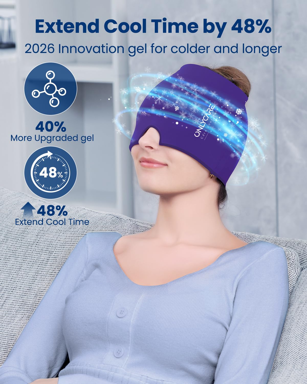 ONLYCARE Gorro de alivio de migraña, gorro mejorado para aliviar el dolor de cabeza con envoltura de gel reutilizable sin olor, máscara de hielo facial calmante con terapia de frío y calor para la