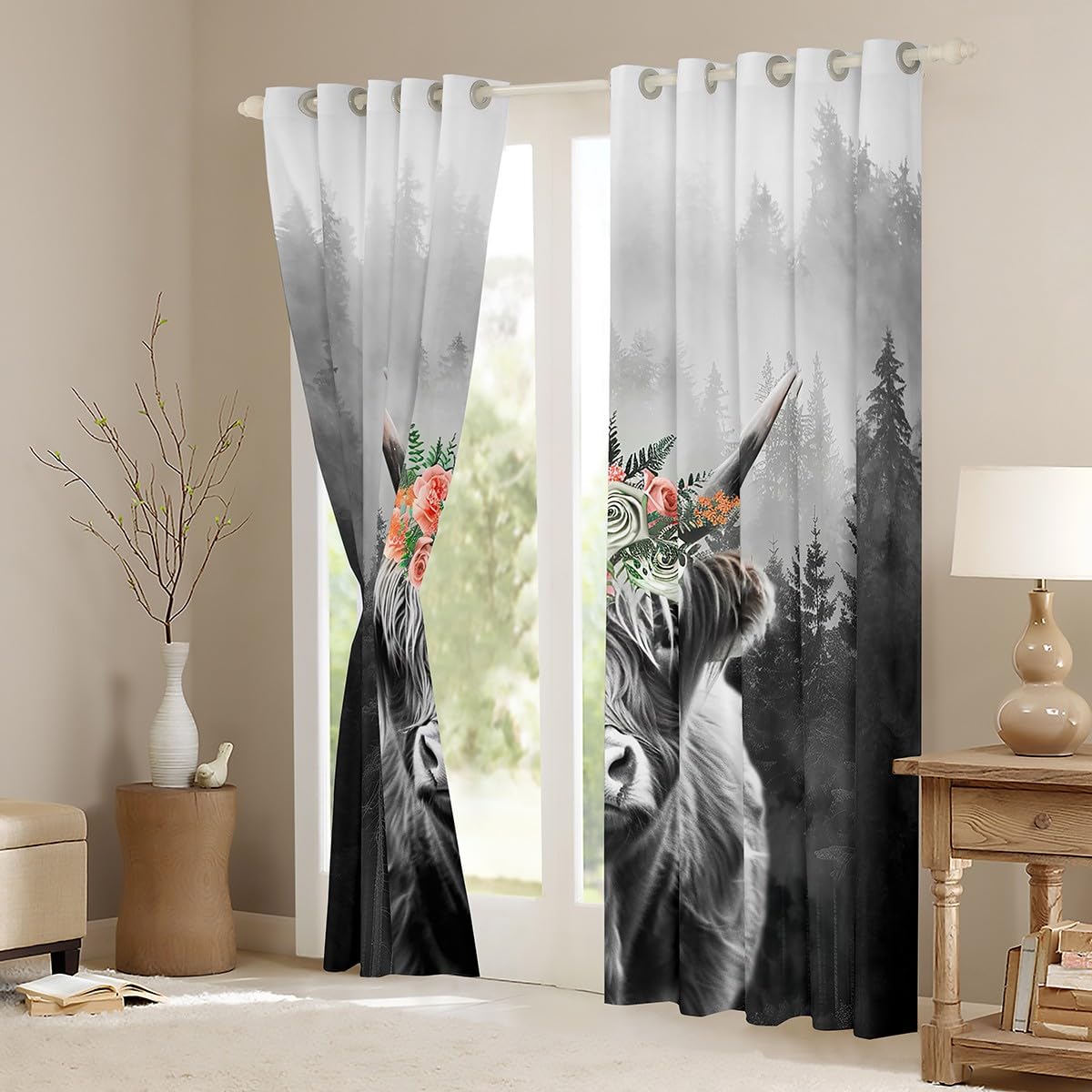 Cortina De Ventana De Vaca Vaquera, Cortinas Con Estampado De Flores En  Acuarela, Estilo Occidental, Rústicas,, image size:1200x1200