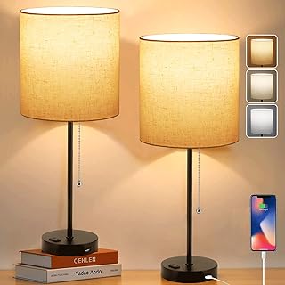 Dott Arts USB Bedside Table Lamp, 2700K-5000K Nightstand Lamp with Pull Chain, Table Lamp Set of 2 with USB Port & AC Outlet, Lamps for Bedrooms Living Room, 2 Bulbs Included,Beige Shade,2PK,Black