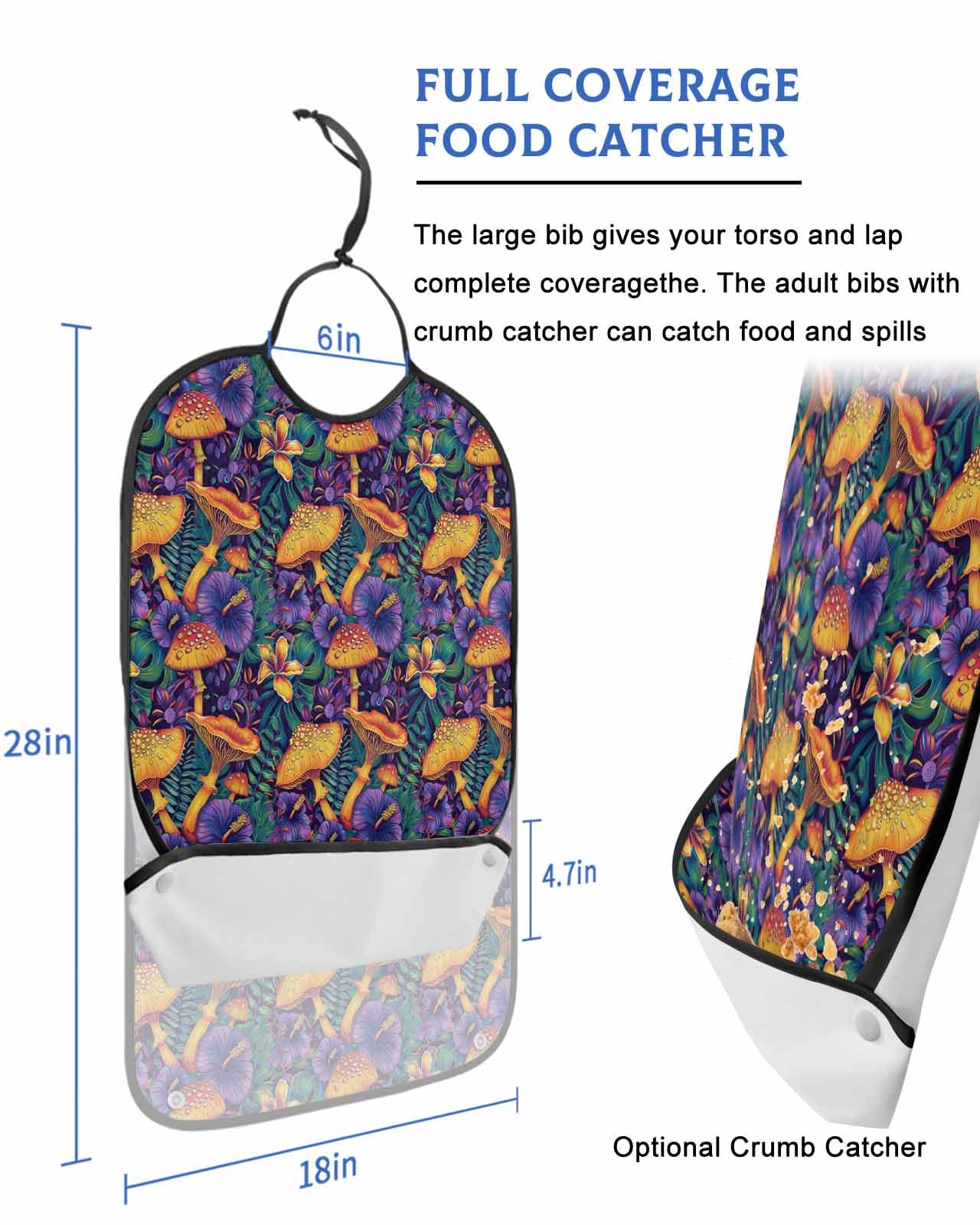 LEOKOTI Mushroom Adult Bibs for Eating, Waterproof Bibs with Food Catcher & Adjustable Snap Closure, Purple Turquoise Summer Botanical Flowers Washable Clothing Protectors Adult Bibs for Elderly