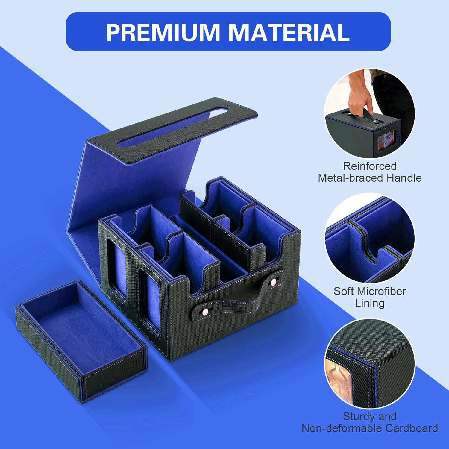 Commander Deck Box for MTG,Card Storage Box Fits 400+ Double-Sleeved Cards,4 Removable deck Case with Display Windows＆Handle,Card deck box for TCG/PTCG/EDH(Black &Blue)