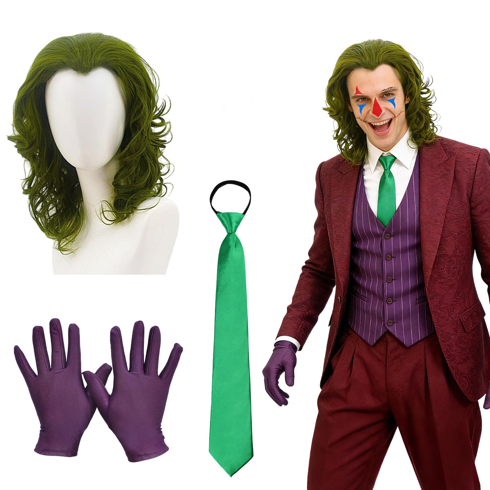 Dazzroi 4Pcs Joker Costume Accessories Set, Joker Fancy Dress kit with Green Wigs Bow Tie Purple Gloves Temporary Face Tattoo for World Book Day Cosplay Party Carnival