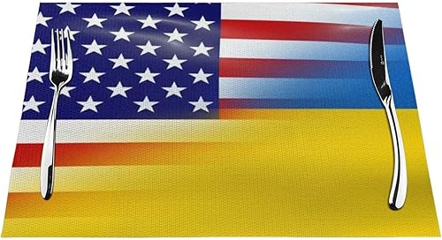 Miniatura 1 de Bandera estadounidense y bandera ucraniana, resistente al agua, paquete de 4 manteles individuales tejidos de PVC, diseño elegante, fácil protección