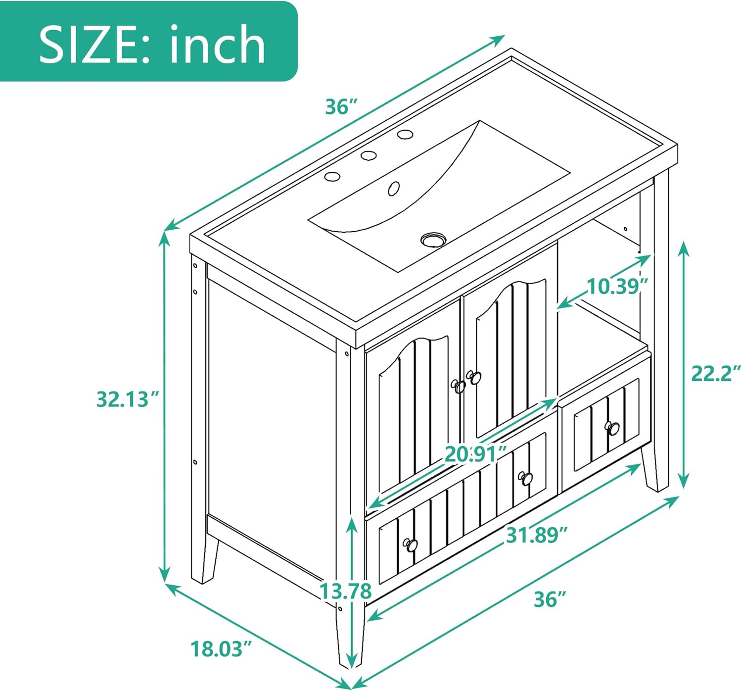 Merax Bathroom Vanity Without Sink, Base Only, Modern, Solid Wood Frame with Painted Finish, Storage Cabinet with Drawer, 36", White : Everything Else