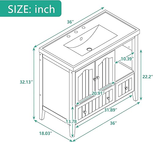 Miniatura 2 de Merax Juego de tocador de baño de 36 pulgadas con fregadero de cerámica, armario con cajón y puertas, marco de madera maciza con acabado pintado,