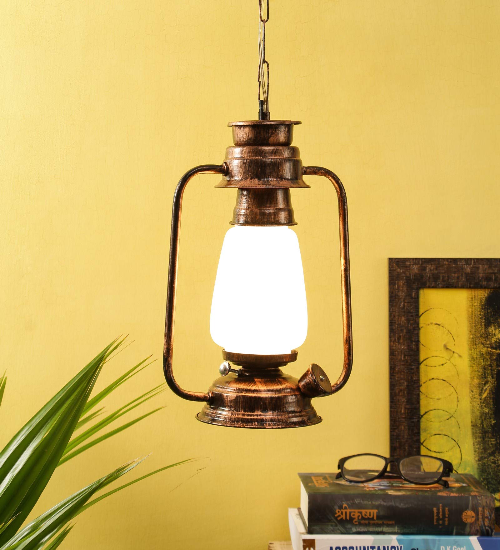 Devansh Copper White Glass Lantern Hanging (White)