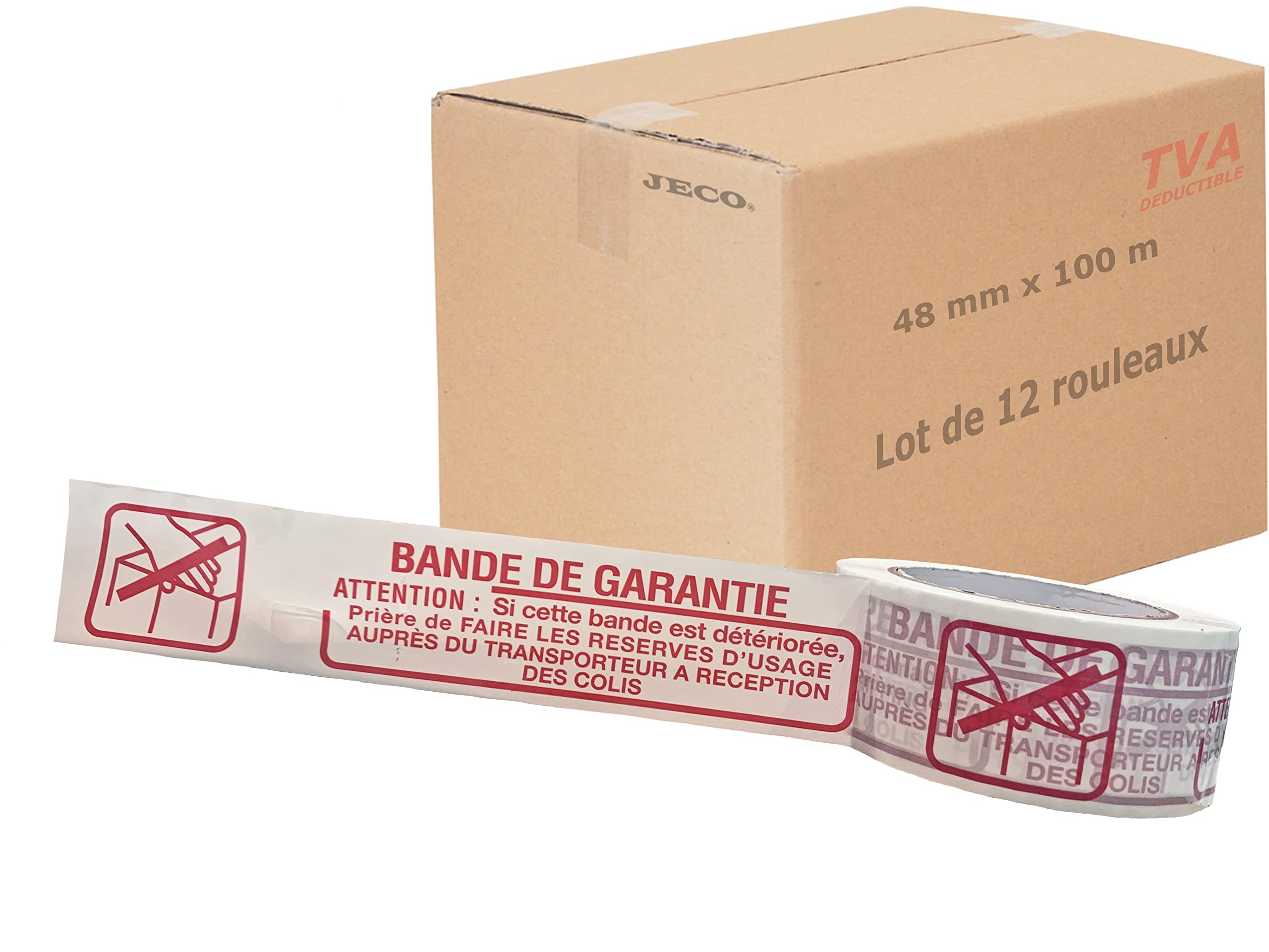 JeCo - Lot de 12 rouleaux de ruban adhésif imprimé Bande de garantie 48mm x 100 m pour la sécurité et la signalétique de vos envois expédition emballage carton