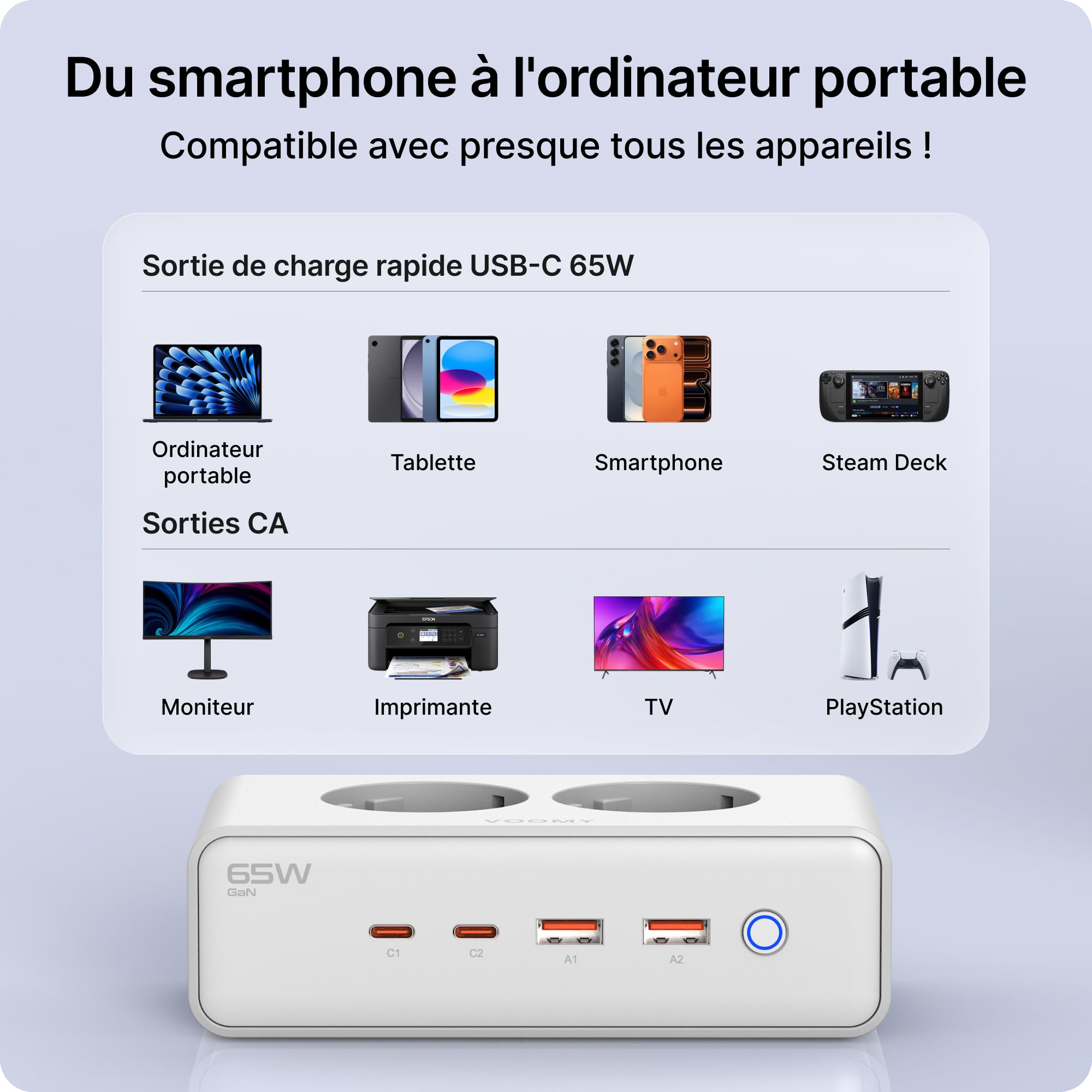 Voomy Multiprise avec Ports USB 65W, Protection Contre Les Surtensions, Les Surcharges et Les Courts-Circuits, Verrouillage de Sécurité, 2 Mètres (Blanc)