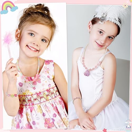 Vista 34 de Sumind 6 juegos de joyas para niñas pequeñas, collar y pulsera de cuentas para bebés, regalos de joyería de disfraces, regalos de fiesta de princesa