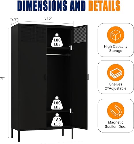 Miniatura 2 de Armarios de Almacenamiento de Metal Casillero con Barra para Colgar y Estantes Ajustables, Armario de Almacenamiento de Acero para Ropa de 71'' para