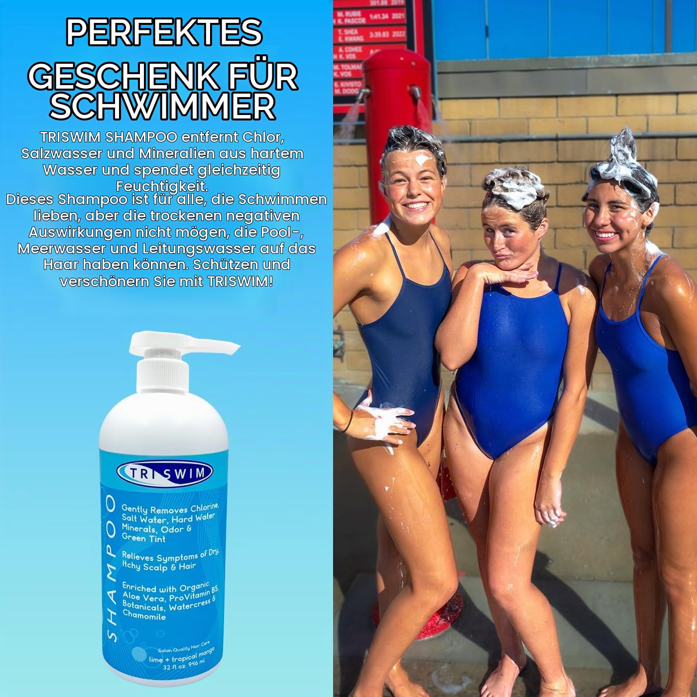 TRISWIM Chlorentfernendes Shampoo nach dem Schwimmen | Entfernt Chlor, Salz und Poolchemikalien | Für sauberes, gepflegtes Haar | Mit Aloe Vera | Limetten-Mango-Duft, 946 ml