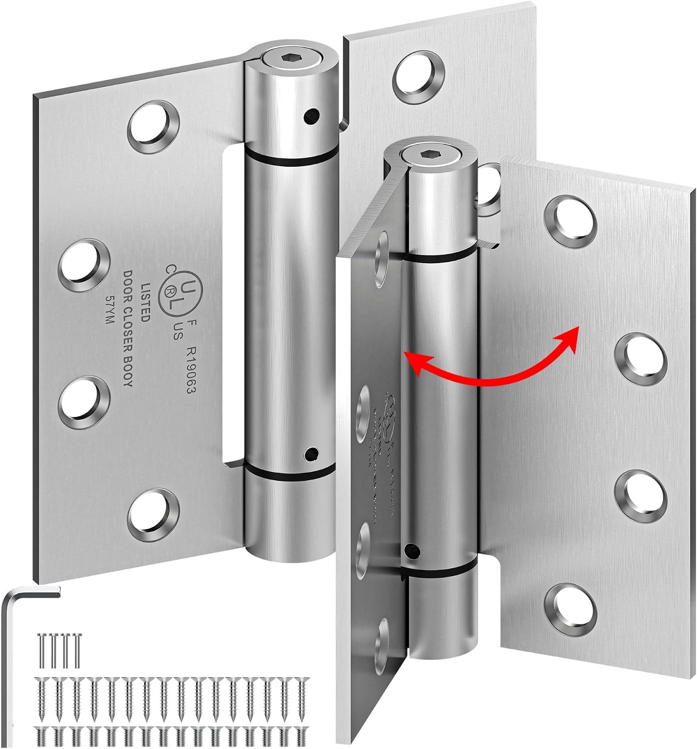 2-Pack Self Closing Door Hinges, 4.5 Inch Spring Door Hinges Square Corners, Adjustable Tension for Exterior,Garage, Front Back Door,Left Right Hand Door, UL Listed,Brushed Nickel