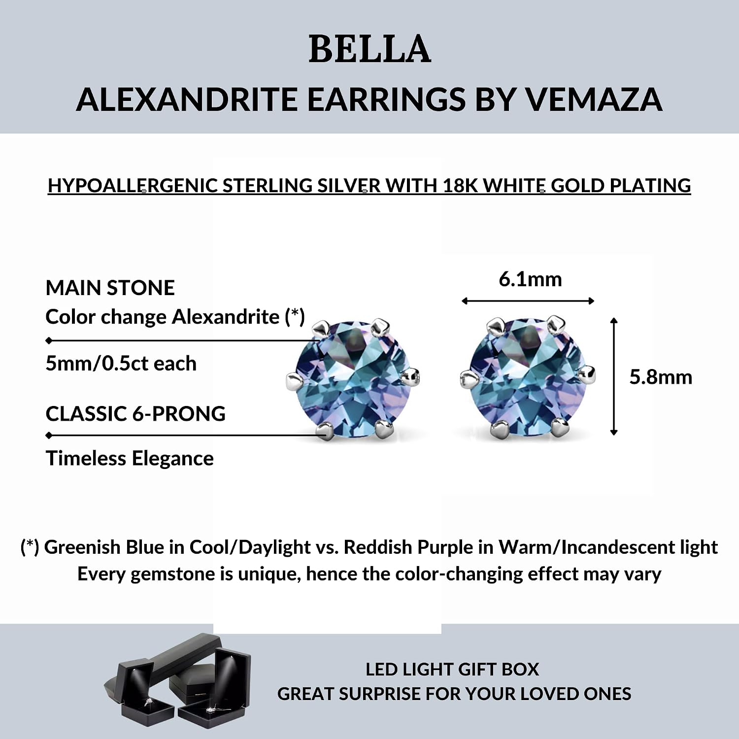 Color Change Alexandrite Earrings 925 Sterling Silver June Birthstone Round Cut Oval Cut Halo Hypoallergenic Drop Dangle Stud Simulated Created Alexandrite Earrings for Women