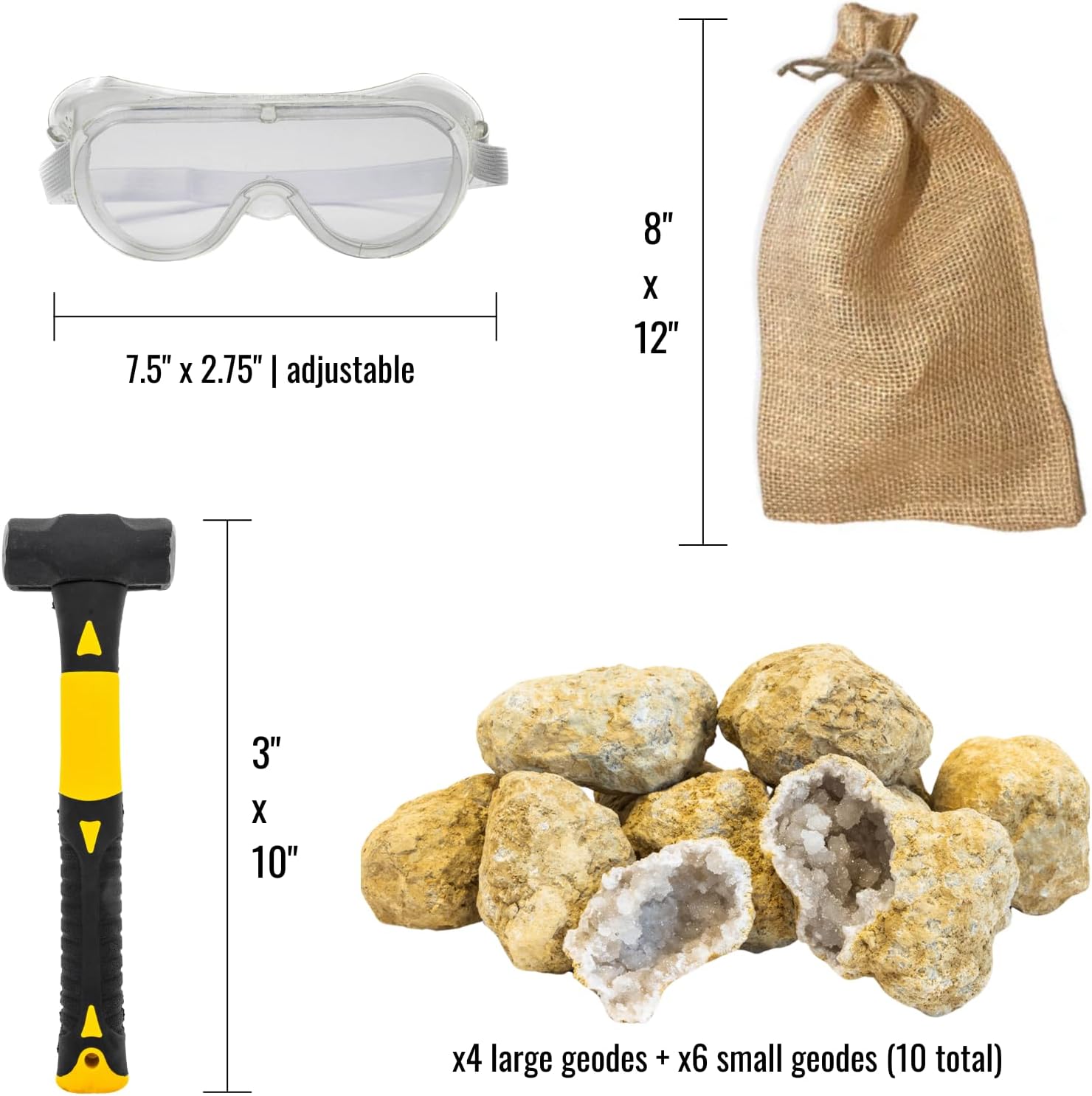ASR Outdoor 12pc Break Your Own Geodes Kit with Sledge Hammer and Safety Goggles (Assorted Size Geodes)