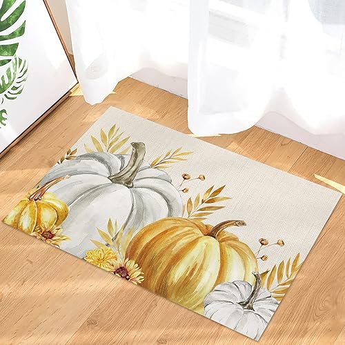 Miniatura 3 de Tapete de Acción de Gracias, tapete para puerta de otoño con diseño de girasol, calabazas blancas y doradas, tapete antideslizante para interiores,