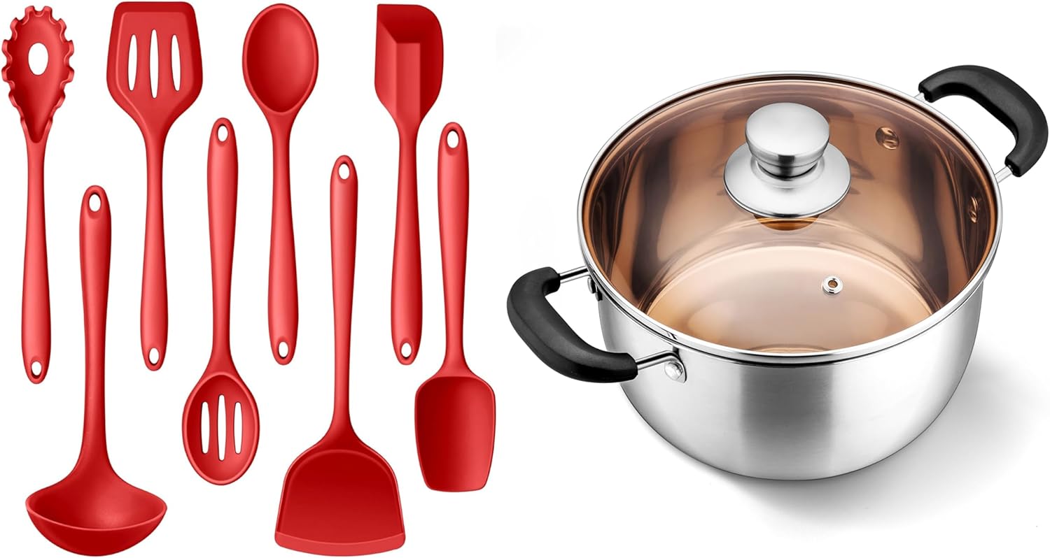 LIANYU 6QT Stock Pot with Cooking Utensils, 6 Quart Stainless Steel Soup Pasta Boiling Pot, Silicone Kitchen Utensils Set with Holder, Dishwasher Safe