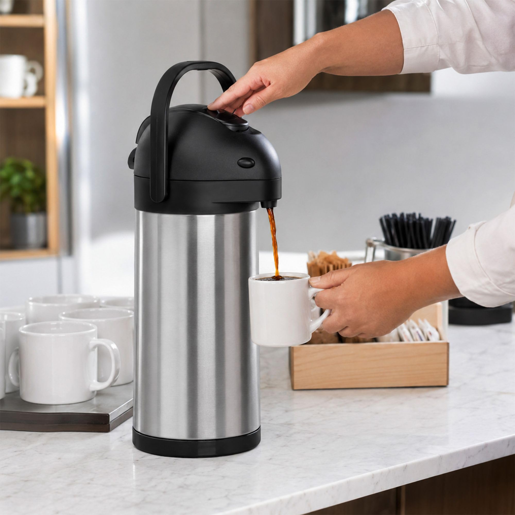 Restaurantware Met Lux 3 Liter Kaffeespender 1 Pumphebel Kaffeepumpspender – 24 Stunden Wärmespeicherung, eingebauter Griff, silberfarbener Edelstahl, Airpot Thermo-Kaffeekaraffe für Flughäfen