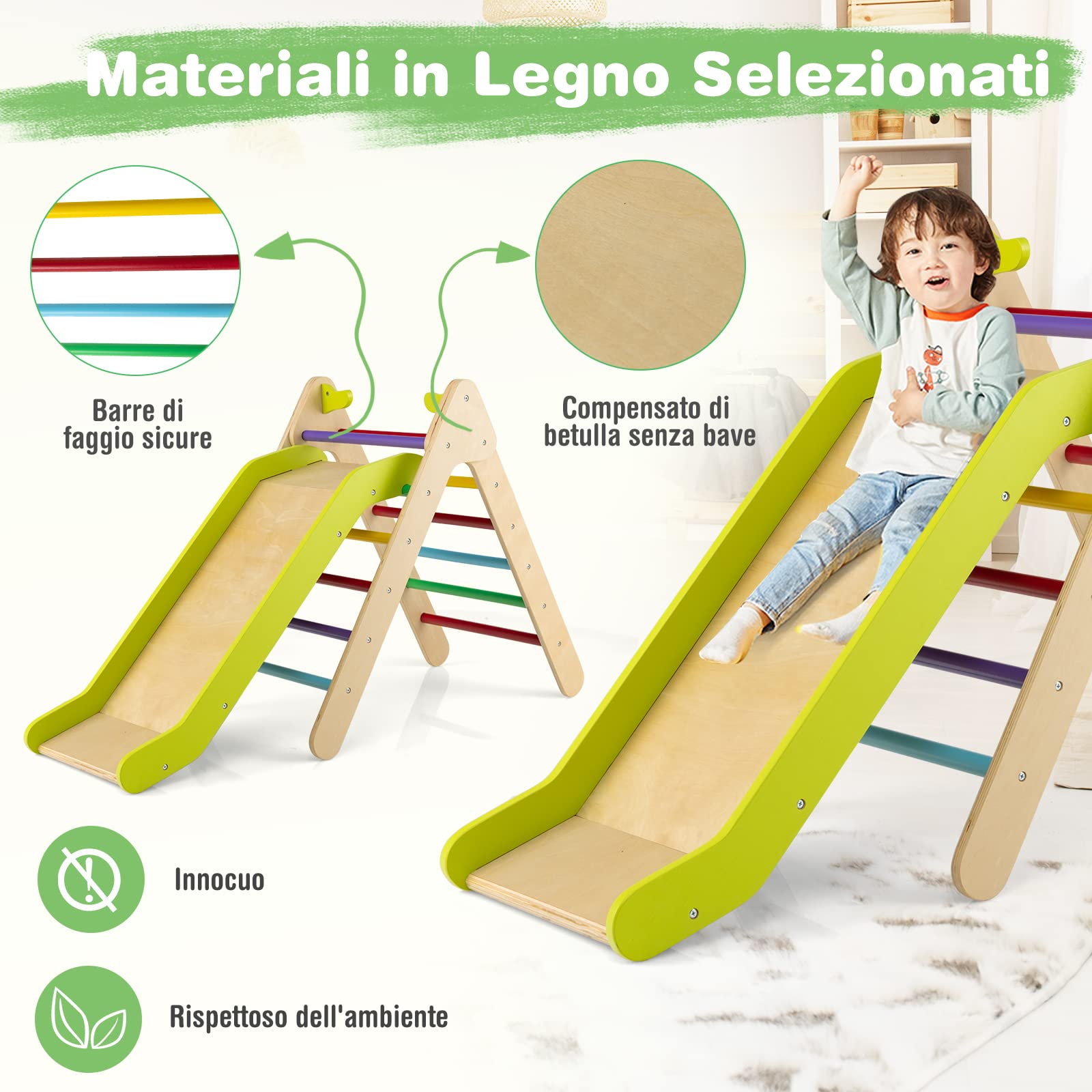 COSTWAY 2 in 1 Set da Arrampicata con Scivolo per Bambini, Triangolo di Arrampicata in Legno Regolabile a Gradi, Giocattolo per Arrampicarsi all’Interno, 1 Anno+ (Colorato)