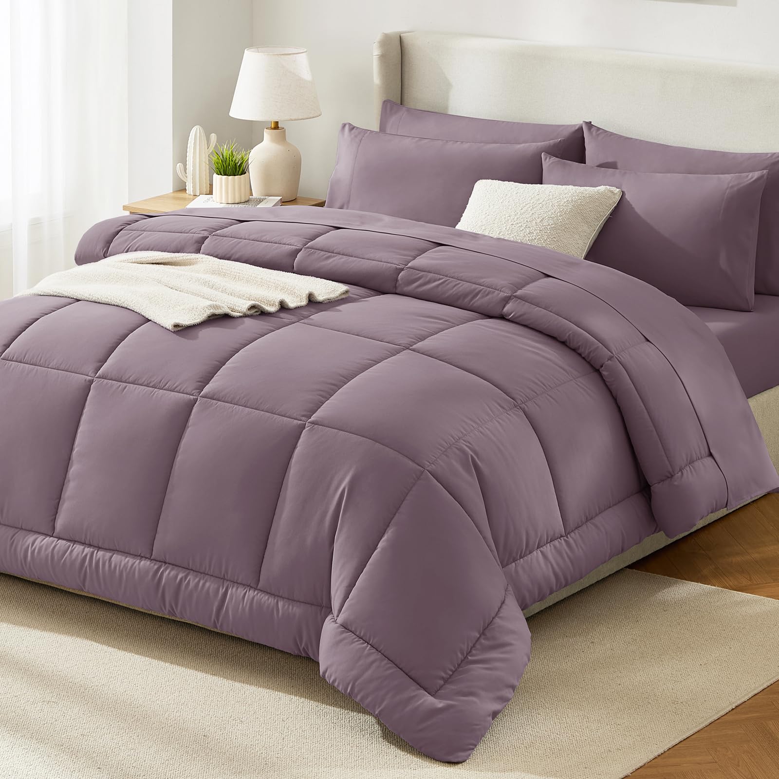 HIMEET King Comforter Set Dusty Purple, Luxury Soft Bed in a Bag, Fluffy Bed Set King Size 7 Pieces, All Seasons Bedding Sets with Comforter, Flat Sheet, Fitted Sheet & Pillowcases