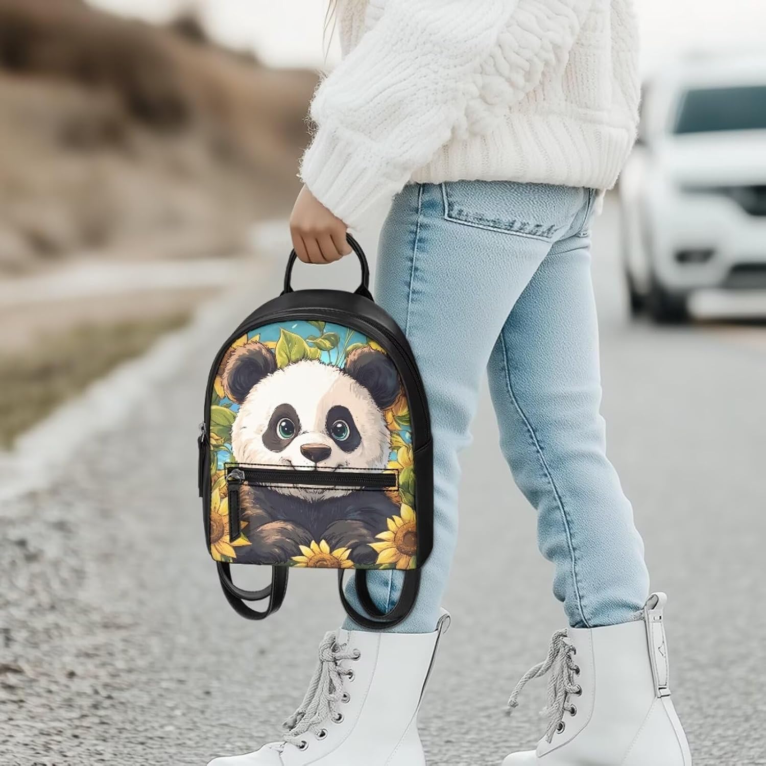 FOR U DESIGNS Sunflower Panda Mini Backpack Purse for Girls Cute Lightweight Bookbag Ages 8-10 Small PU Leather Shoulder Bag with Top Handle Zipper Pockets