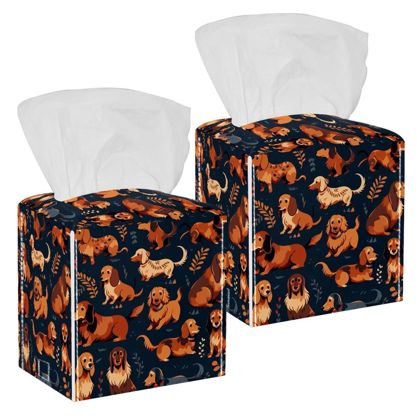 Cartoon Dog Tissue Box Cover, 2 Pack PU Leather Square Facial Tissue Dispenser Box holder for Home Office Car