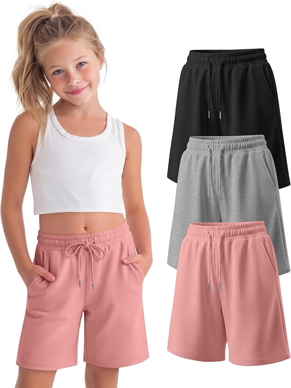 3 Pack Girls' Bermuda Shorts | Knee Length Athletic Sweatshorts with Pockets, Back to School Clothes, Pull on Bottoms for Ages 5-16, Elastic Waist Joggers