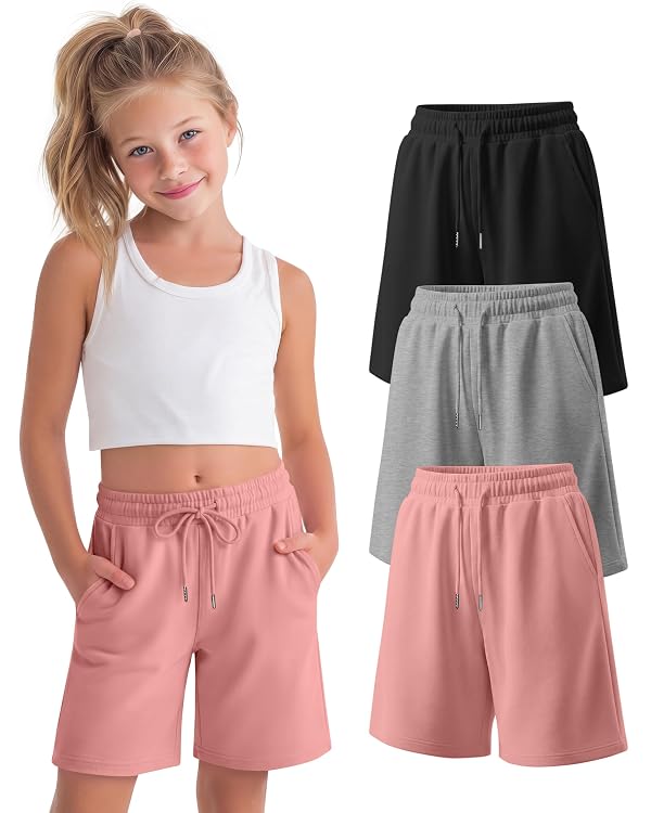 LessonZoo 3 Pack Girls' Shorts Bermuda Summer Knee Length Casual Drawstring Athletic SweatShorts with Pockets for Ages 5-16(Coral, Light Mixed Gray, Black,13-14 Years) by LessonZoo - Used condition - US$27.43