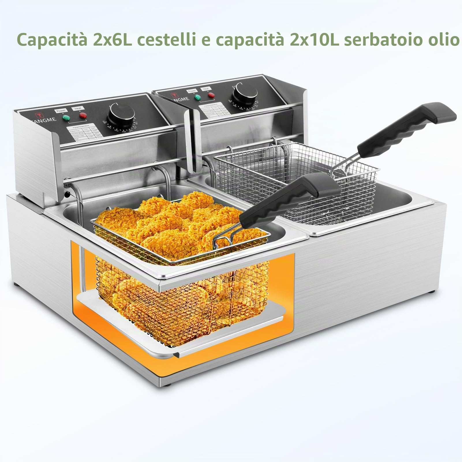 Friggitrice Elettrica Commerciale, 5000W Friggitrice Professionale con 2 Cestelli da 6L, Acciaio Inossidabile da 0,8mm, Capacità Totale 20L, con Limitatore di Temperatura