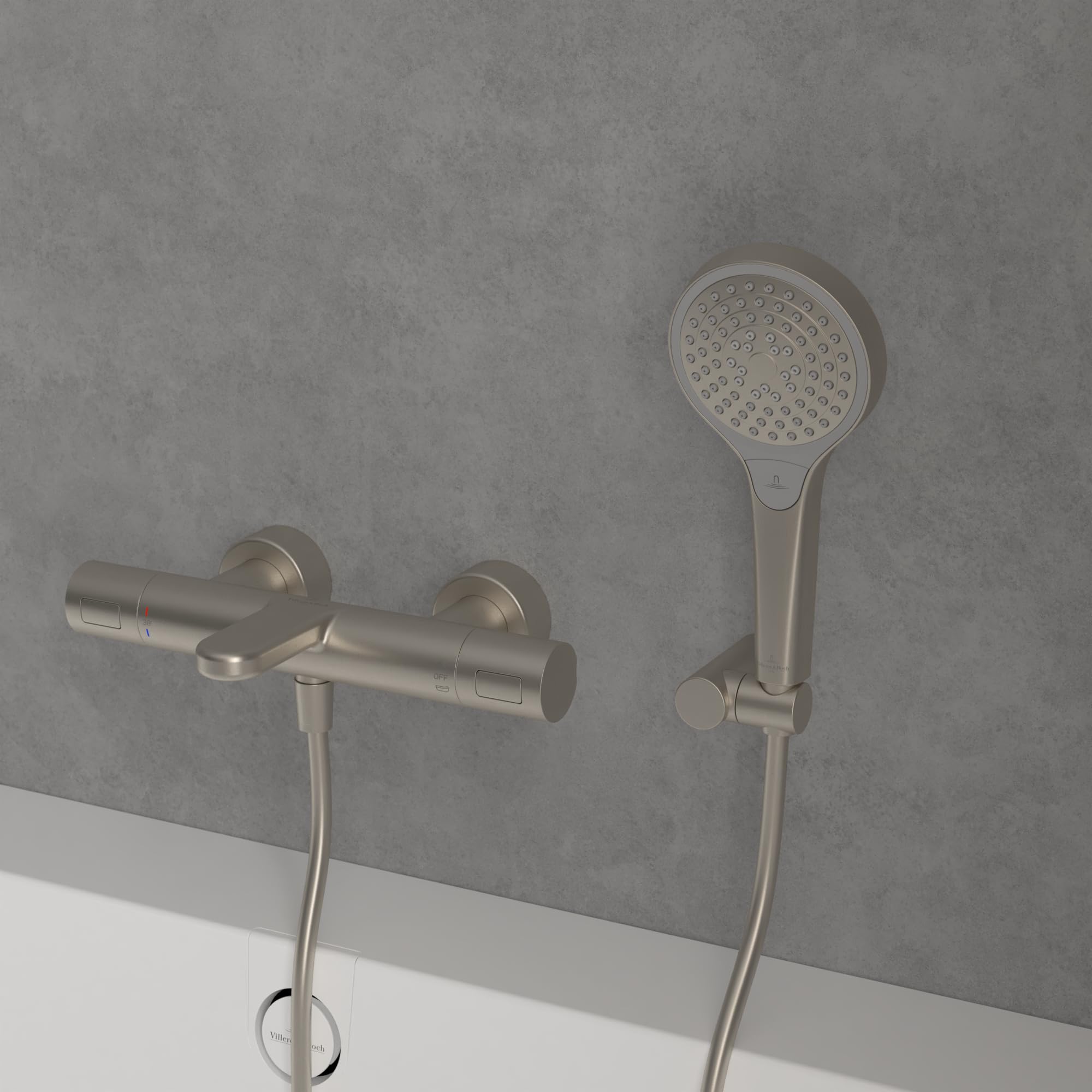 Villeroy & Boch Verve Showers słuchawka prysznicowa z 3 rodzajami strumienia, z wbudowanym zaworem zwrotnym, łatwa w czyszczeniu, okrągła, szczotkowany nikiel matowy