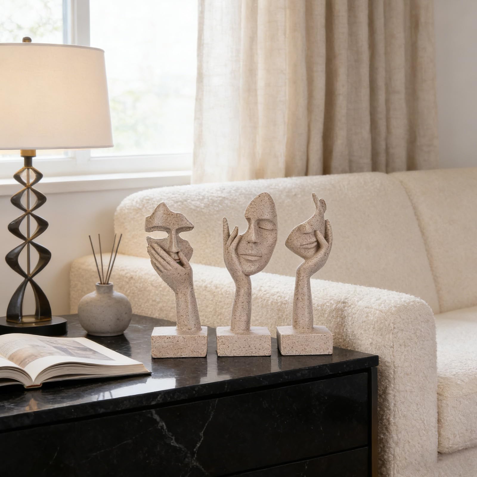 olirum - Set di 3 statue grandi in resina arenaria astratta, per soggiorno, camera da letto, scaffali, scrivania dell'ufficio, tavolino da caffè, regalo per donne (3 pezzi, arenaria, 22,9 cm)