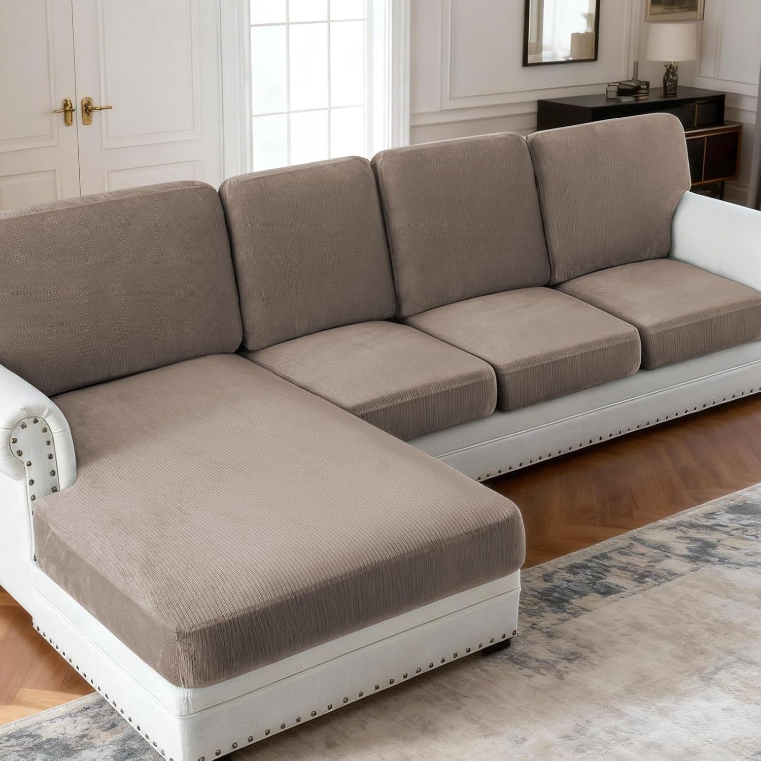 PrinceDeco Couch Cushion Covers for Sectional Sofa, Stretch Velvet Sofa Slipcovers Washable Wear Stain Resistant Furniture Protector for Living Room(1 PC Back Couch Cover, Taupe)