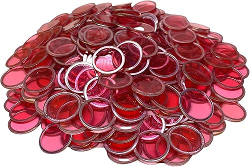 MR CHIPS Chips de bingo magnéticos con anillo de metal de 34 pulgadas, 300 piezas mejoradas, rojo transparente, disponible en 7 colores, una bolsa