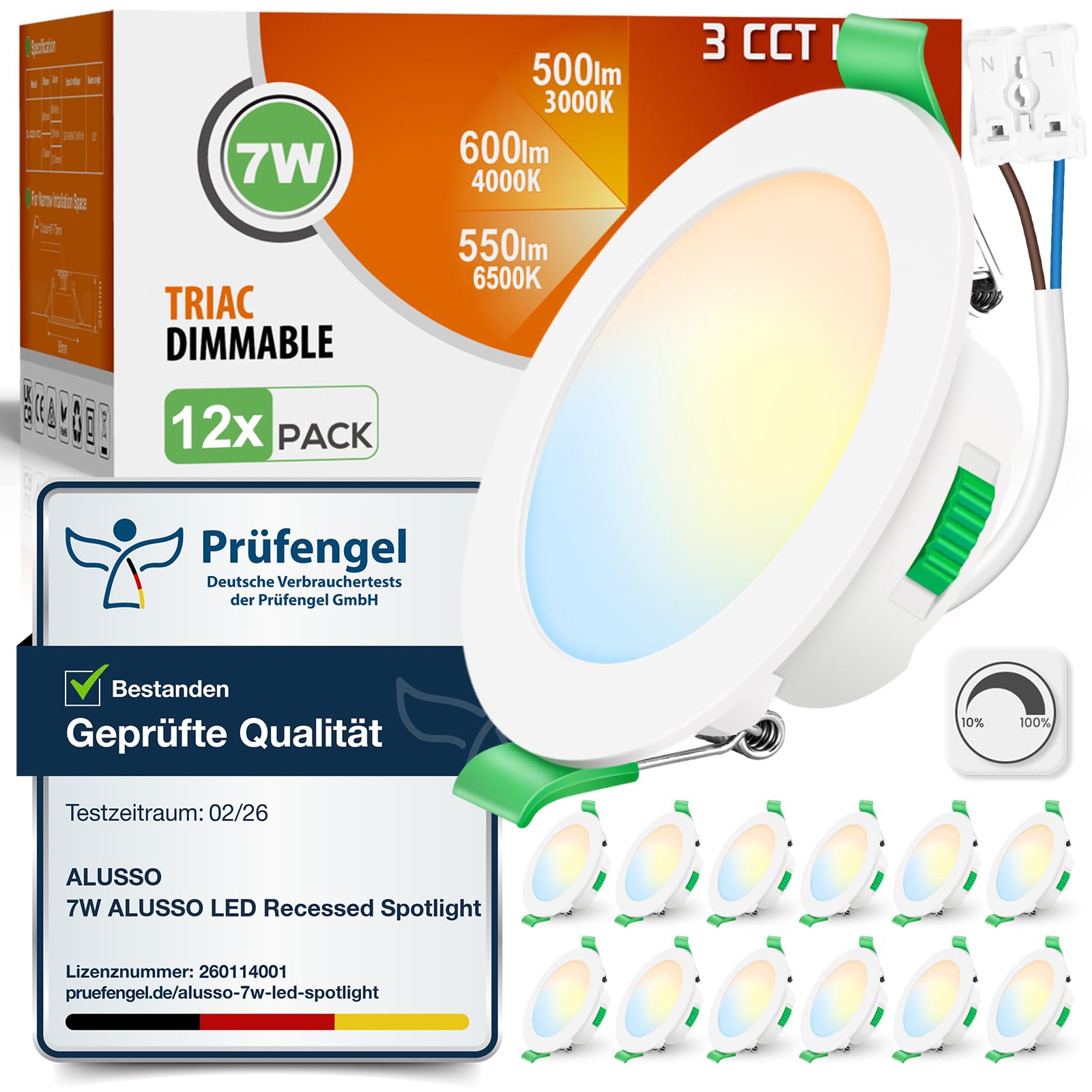 ALUSSO LED Einbaustrahler 230V Dimmbar 68mm 7W Ultra Flach IP44 LED Spots Warmweiß Neutralweiß Kaltweiß Deckenspots für Badezimmer Küche Wohnzimmer, Weiss, 12er Set