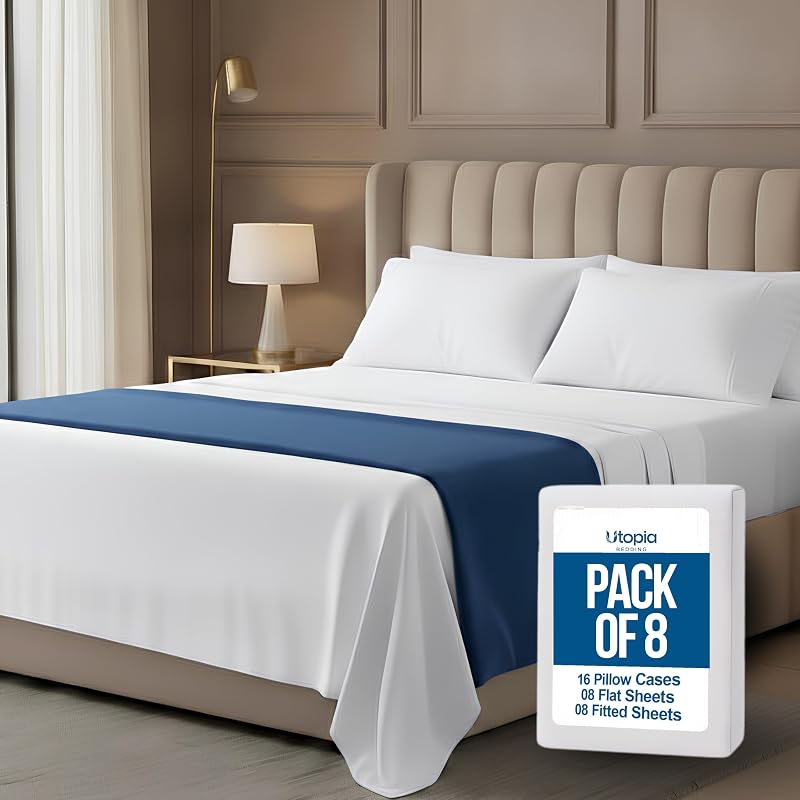Bulk 8-Pack King Size 4pc Bed Sheet Set For Hotel, Resort, Motel, White | Soft Brushed Microfiber Commercial Sheets, Quality Bedding, Deep Pocket, Shrink & Fade Resistant