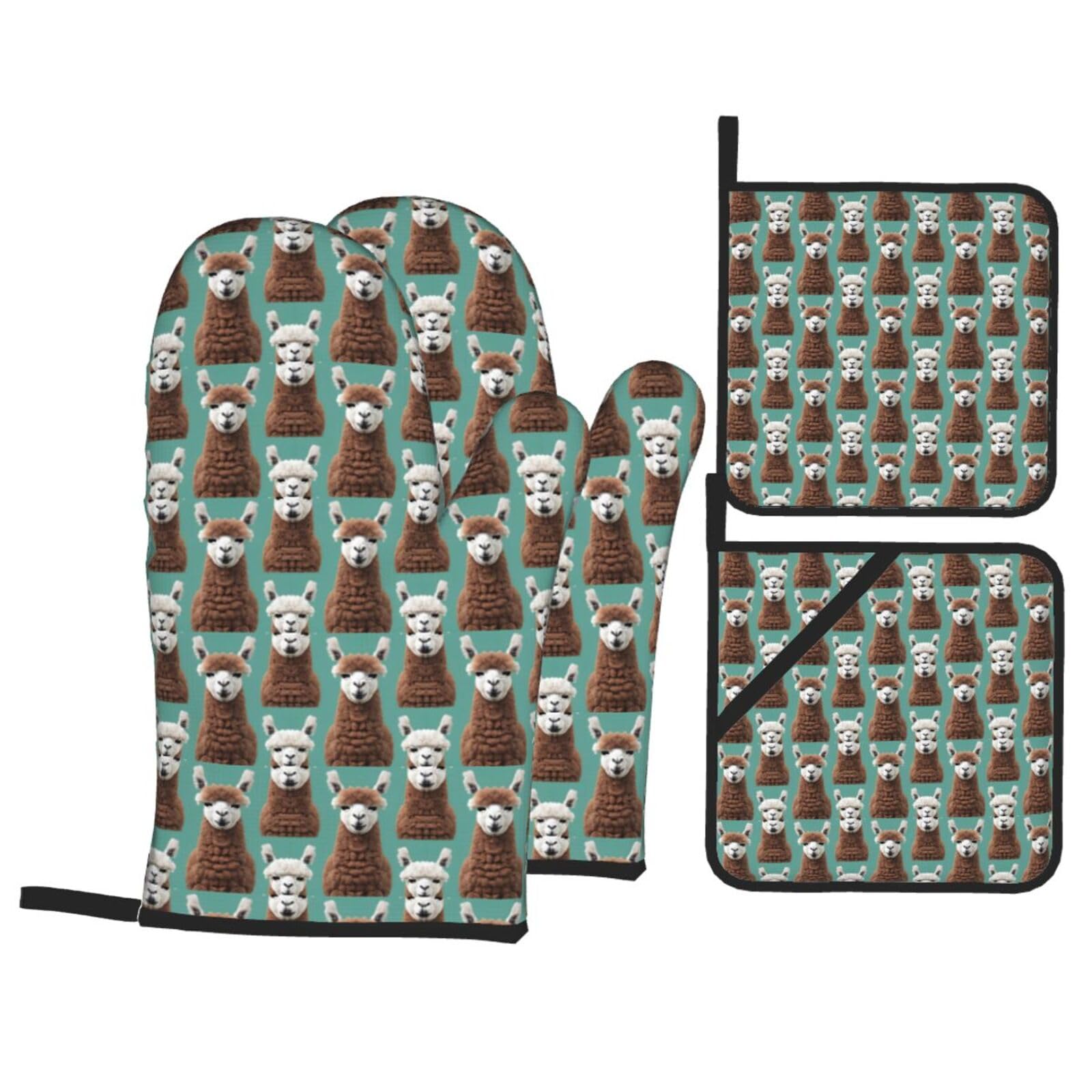 Nimongt Black Alpaca Llama Print Heat-Resistant 4-Piece Oven Kitchen Gloves For Baking Cooking Microwaving Essentials