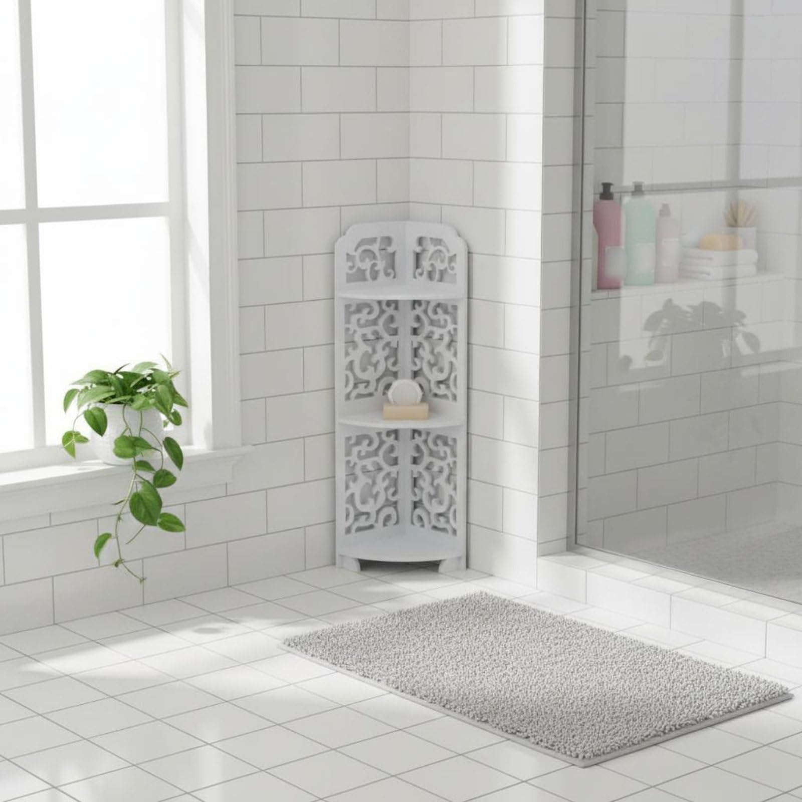 Amagogo Étagère d'Angle Salle de Bain Étagère de Meuble de Rangement Support à Trois Étagères PVC sans Outil Adaptée à Salle de Bain Salon Balcon, Étagère D Angle En X De 80 Cm De Haut