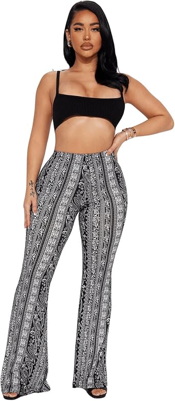 Womens Boho Pants Paisley Print Bell Bottom Stretch Flare Yoga Leggings Retro 70s Hippie Pants