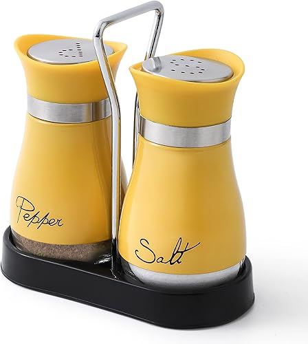 Yellow Lonffery - Juego de saleros y pimenteros, decoración y accesorios de cocina amarillos, acero inoxidable con botella de vidrio para mesa,