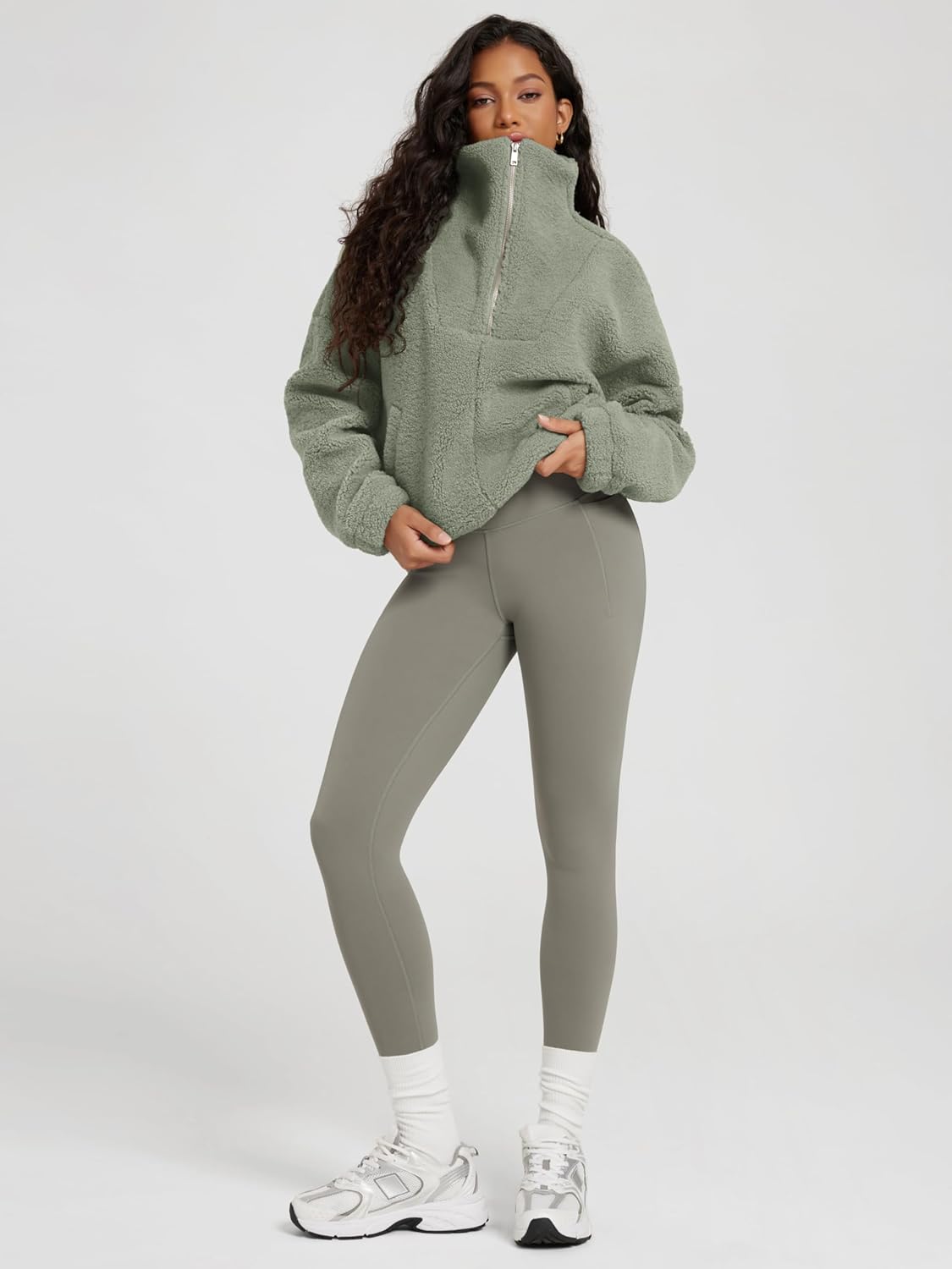 ODODOS Women's Sherpa Fleece Half-Zip Pullover - Cozy Warm Long Sleeve Sweatshirt Cinchable Outerwear with Pockets - Image 4