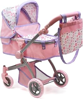 DollsToPlay Purple Convertible Baby Doll Pram Stroller - 25 Inch Foldable Buggy with Canopy, Storage Basket & Adjustable Handle