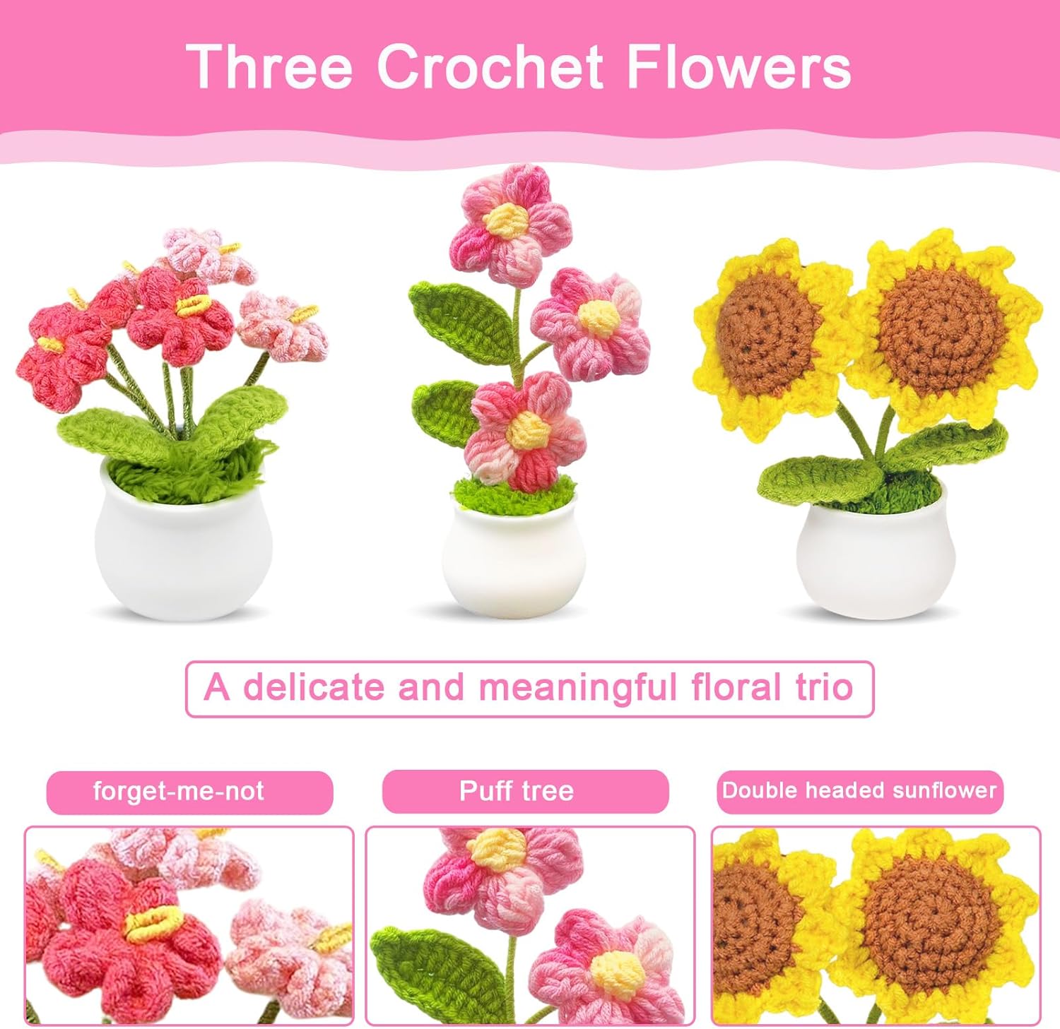 3pcs Crochet Flowers Cute Potted Flower,Mini Flower Bouquet for Mom Wife, Cute Desk Decor for Women,Artificial Handmade Flowers for Car Dashboard,Home Office Decoration (Color#1) - Image 2