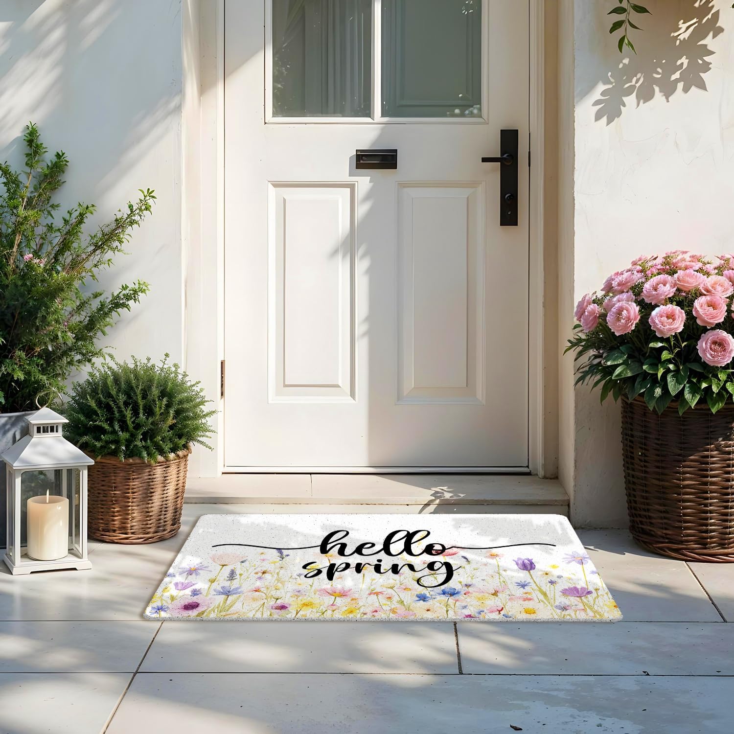 Hello Spring Door Mat, Spring Floral Doormat Indoor Outdoor Entrance Entryway, Cottagecore Wildflower Floral Welcome Mats for Front Door Outside, 17x30 Inches