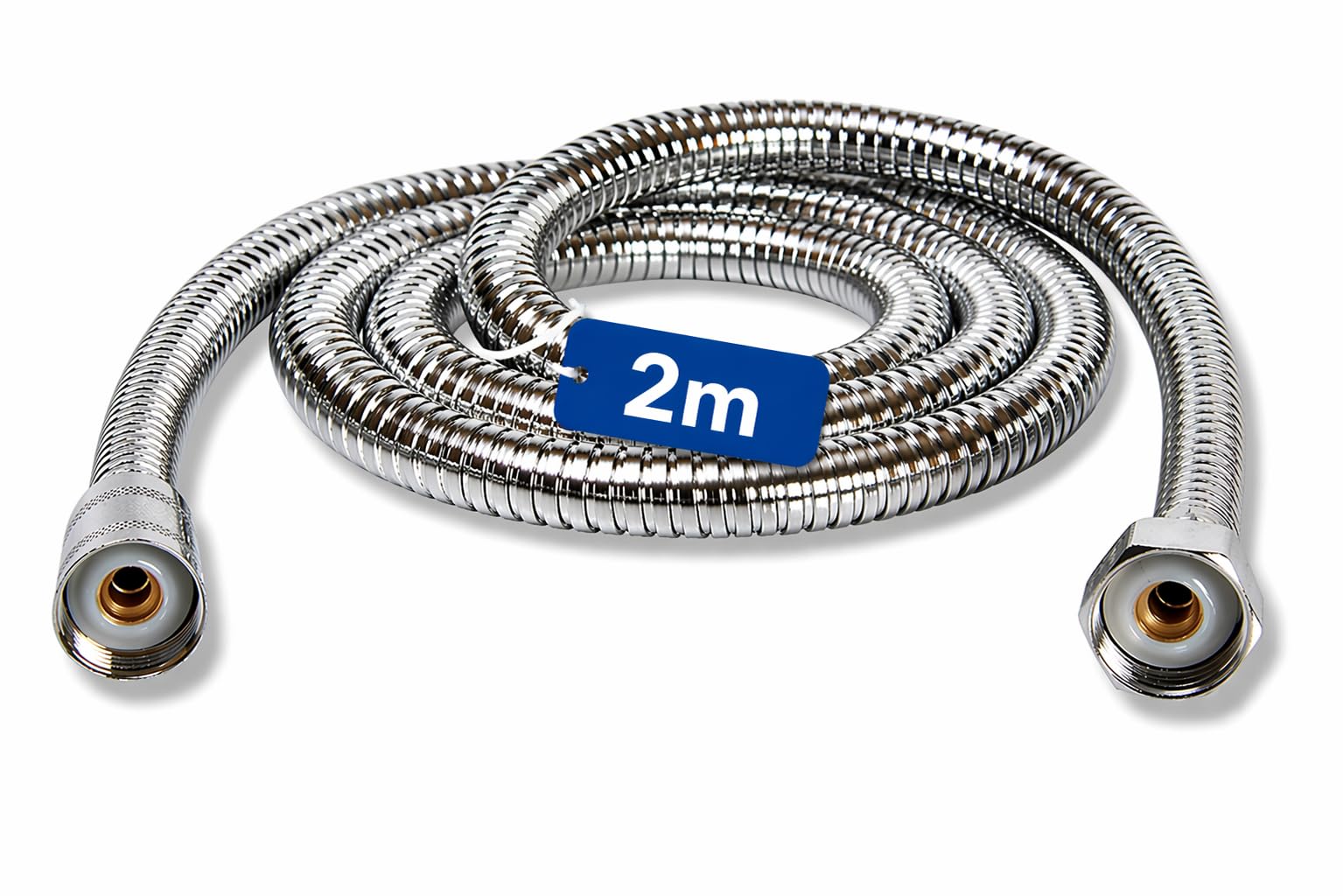 Rymerce Chrome Shower Hose 2M - Stainless Steel Hose With Washers - Flexible Extra Long Shower Pipe Anti Kink - Easy To Install Universal Replacement With Standard Fitting