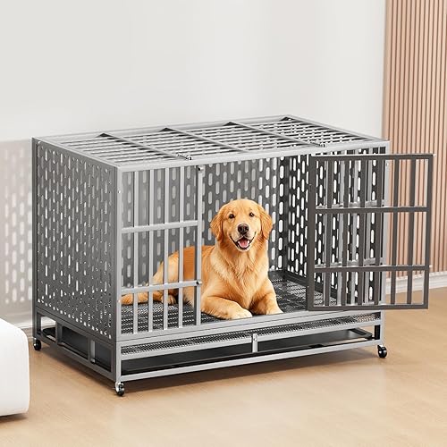 Jaula de acero indestructible para perros de 48 pulgadas, resistente a prueba de escape, jaula de alta ansiedad para interiores de doble puerta, con